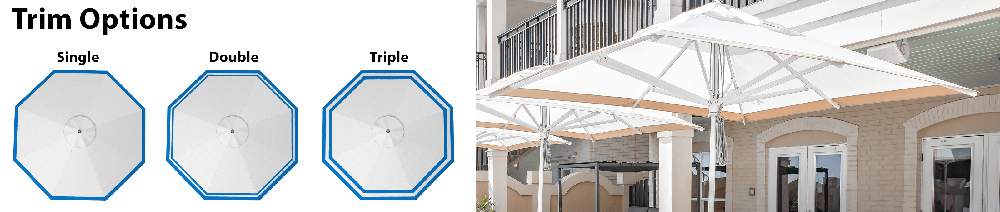 Outdoor commercial umbrellas displaying decorative trim accents and edge detailing, enhancing brand identity and visual appeal in patio and poolside settings.